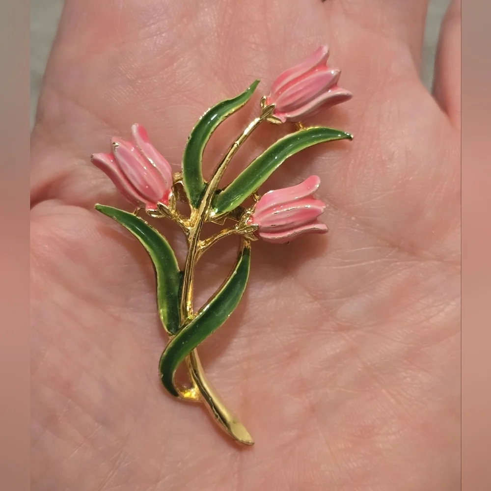 Vintage Pink Tulip and Green Floral Brooch Pin Charm Accent Assessory